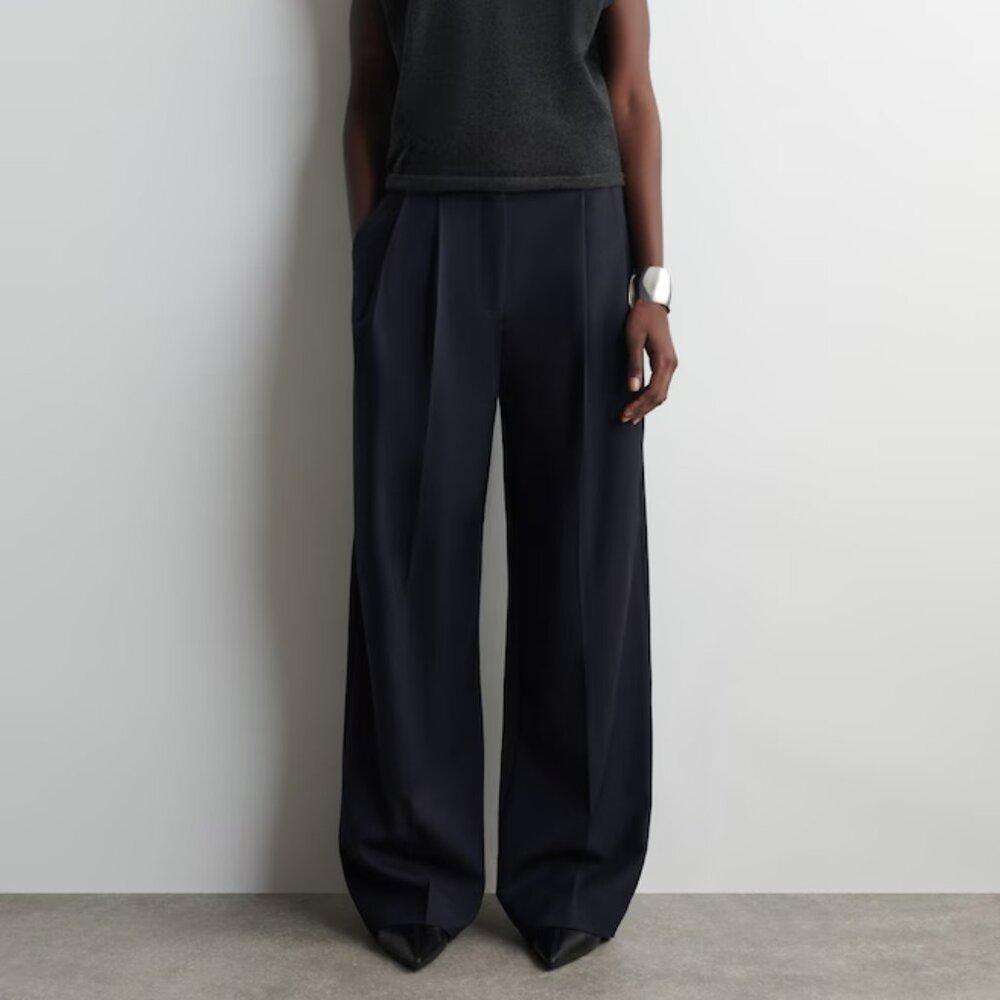 COS RELAXED LINEN-BLEND WIDE-LEG PANTS Navy Size 10
